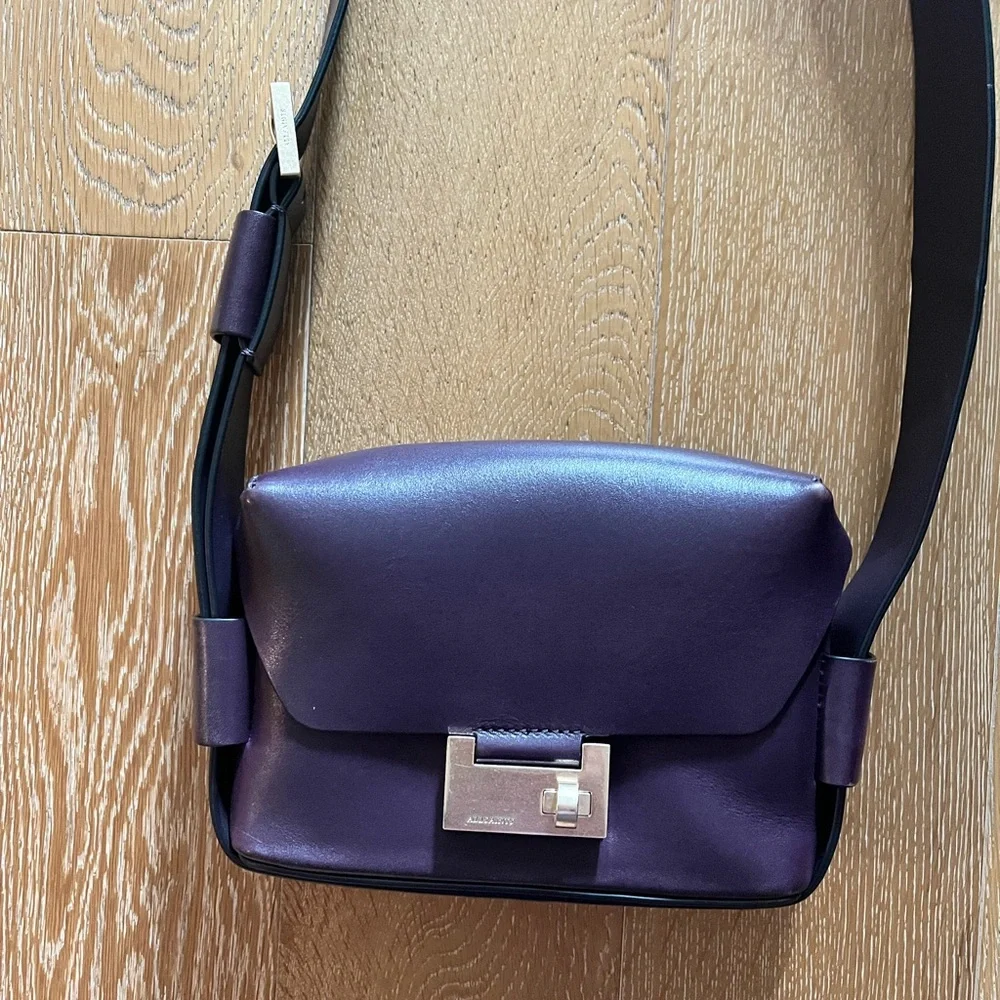 AllSaints Frankie Purple Leather Crossbody with Gold-Tone Lock - Picture 4 of 11